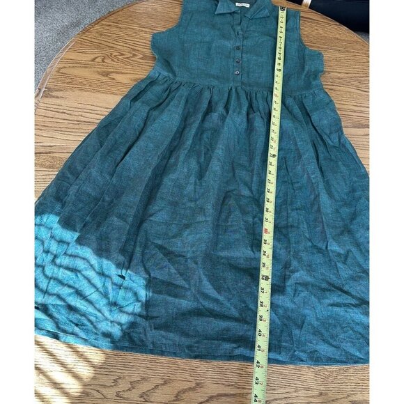 Linen Blend Green Loose Fit  Sleeveless Button Front Pleated Dress No Size Tag - Picture 10 of 11